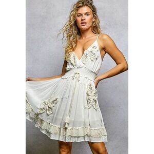 POL  Embroidered V-Neck Smocked Mini Dress Ivory Boho Tassel Sequin MEDIUM